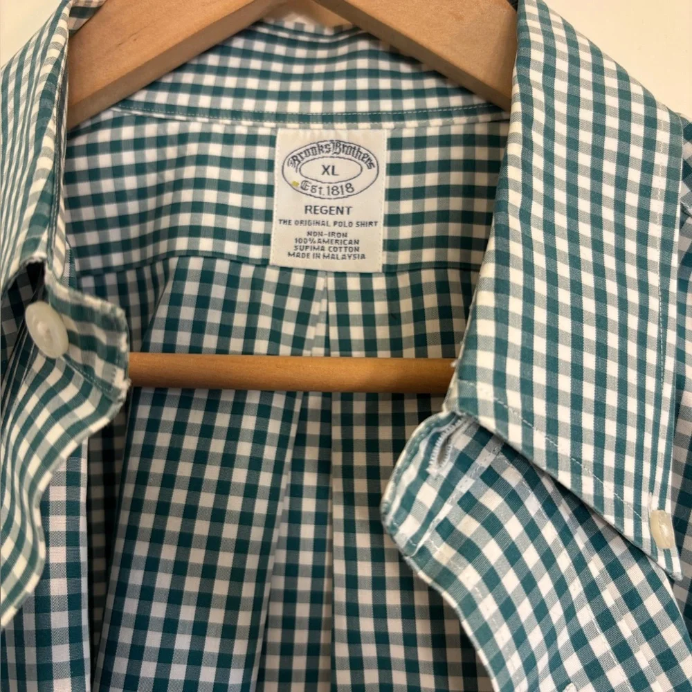 Brooks Brothers green & white check long sleeve button up top - Picture 2 of 4